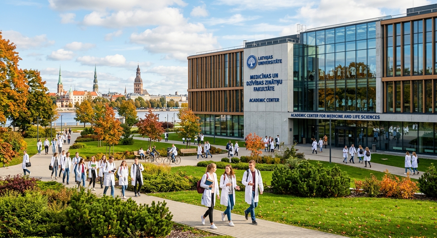 University of Latvia Faculty of Medicine and Life Sciences building in Riga, modern medical campus with students in white coats walking through green courtyard, historic European architecture in background, bright autumn day