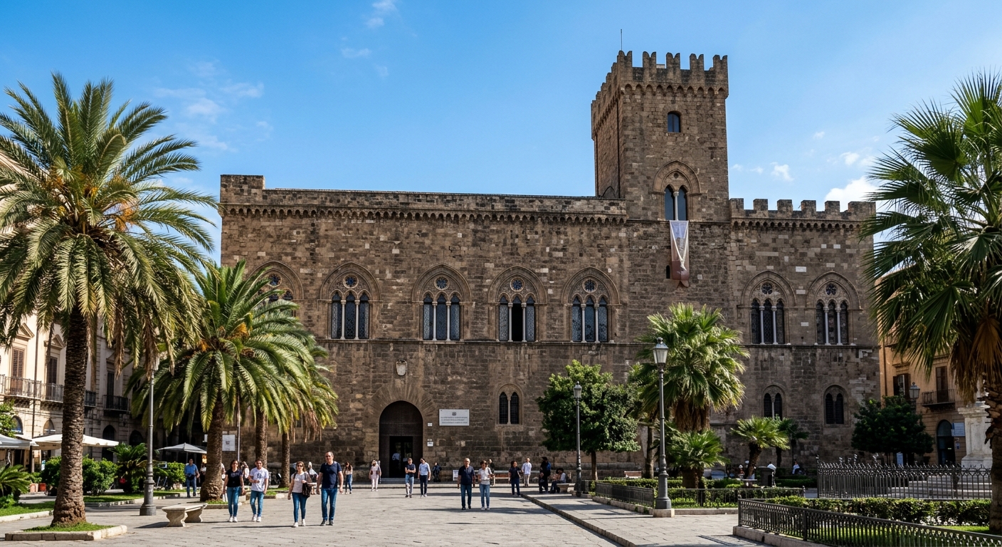 Palazzo Steri medieval stone building on Piazza Marina, arched windows, palm trees in foreground, clear blue sky, University of Palermo administrative headquarters