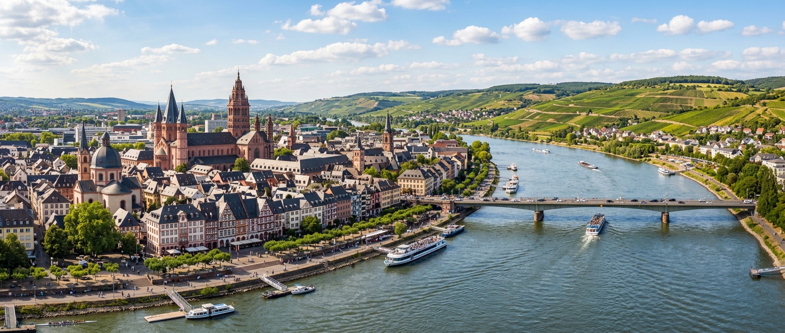 Panoramic view of Mainz Germany along the Rhine River, Mainz Cathedral dominating the skyline, half-timbered houses in the old town, vineyards on distant hills, blue sky with scattered clouds
