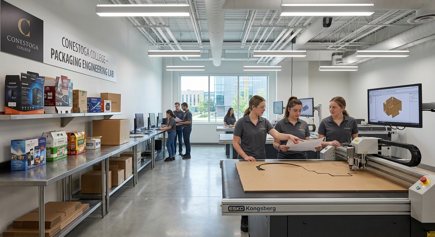 Modern packaging engineering laboratory at Conestoga College Cambridge campus, students working with corrugated board cutting machines and ArtiosCAD software, industrial packaging samples displayed on workbenches, bright overhead lighting