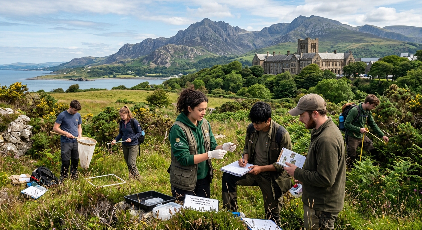 Bangor University campus with lush green surroundings, Snowdonia mountains in the background, students conducting fieldwork in natural habitats with reptile specimens, North Wales coastal landscape