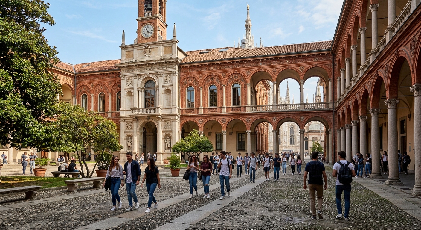 Historic university building on Via Conservatorio in central Milan, Italy, with classical architecture, arched windows, and students walking through a sunny courtyard near the Duomo district