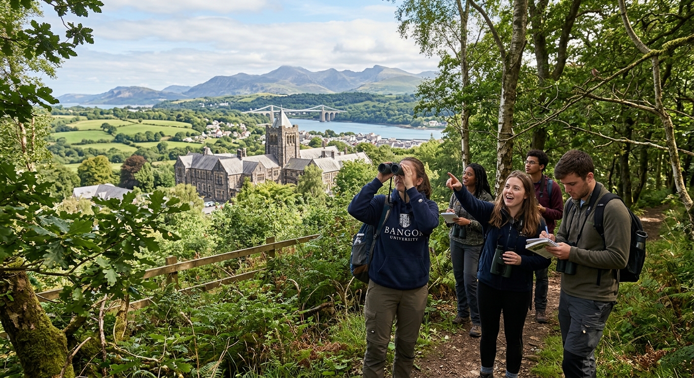 Bangor University campus nestled between Snowdonia mountains and the Menai Strait in North Wales, with lush green fields and historic stone buildings, students conducting birdwatching fieldwork with binoculars in a natural woodland setting