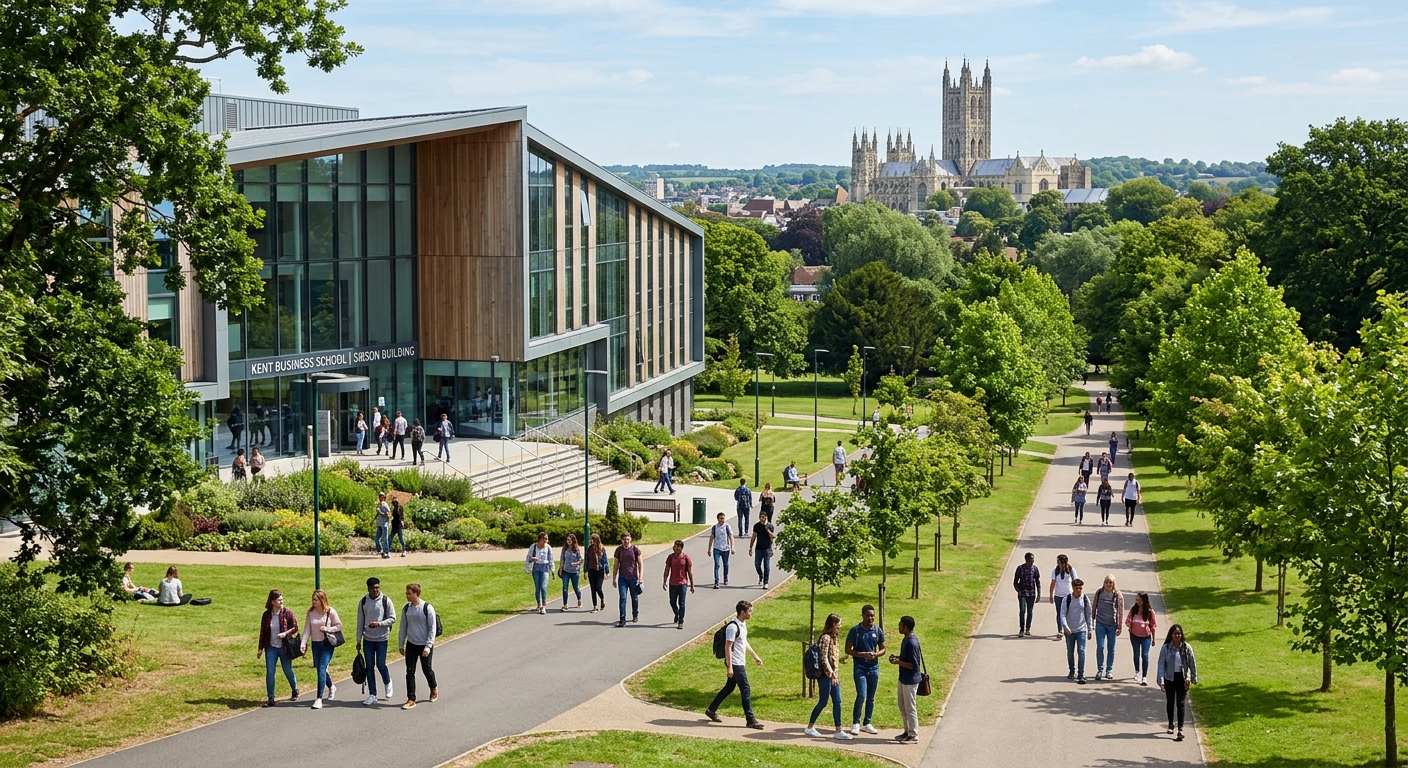 University of Kent Canterbury campus with modern Sibson Building housing Kent Business School, green parkland, historic Canterbury Cathedral visible in the background, students walking along tree-lined pathways on a sunny day