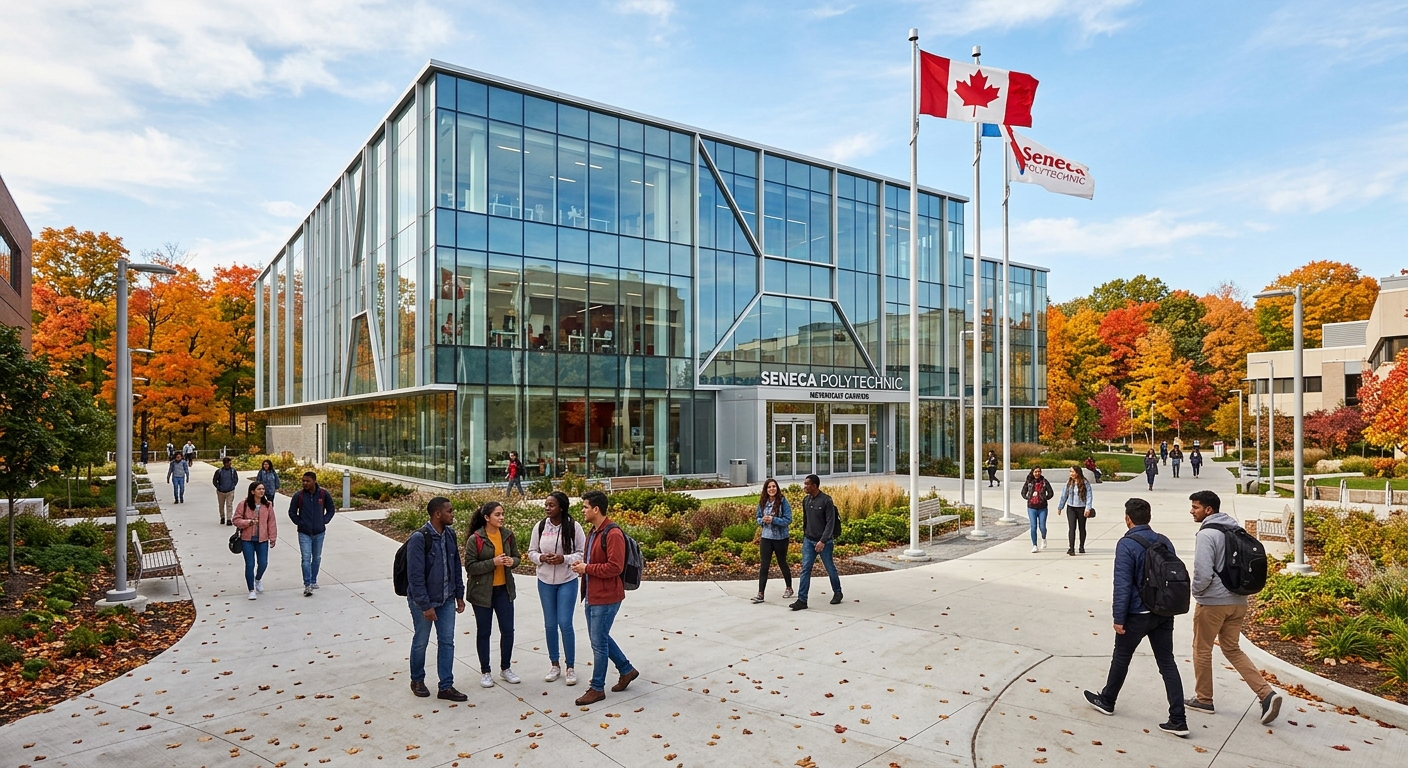 Modern Seneca Polytechnic Newnham Campus building in Toronto with glass facade, students walking on pathways, Canadian flag visible, autumn trees in background