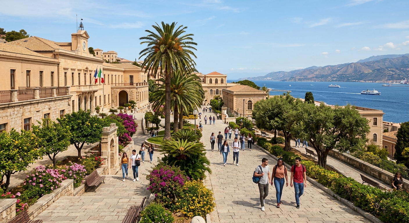 University of Messina campus buildings with Mediterranean architecture, palm trees, and the Strait of Messina visible in the background, students walking along sunlit pathways in Sicily, Italy