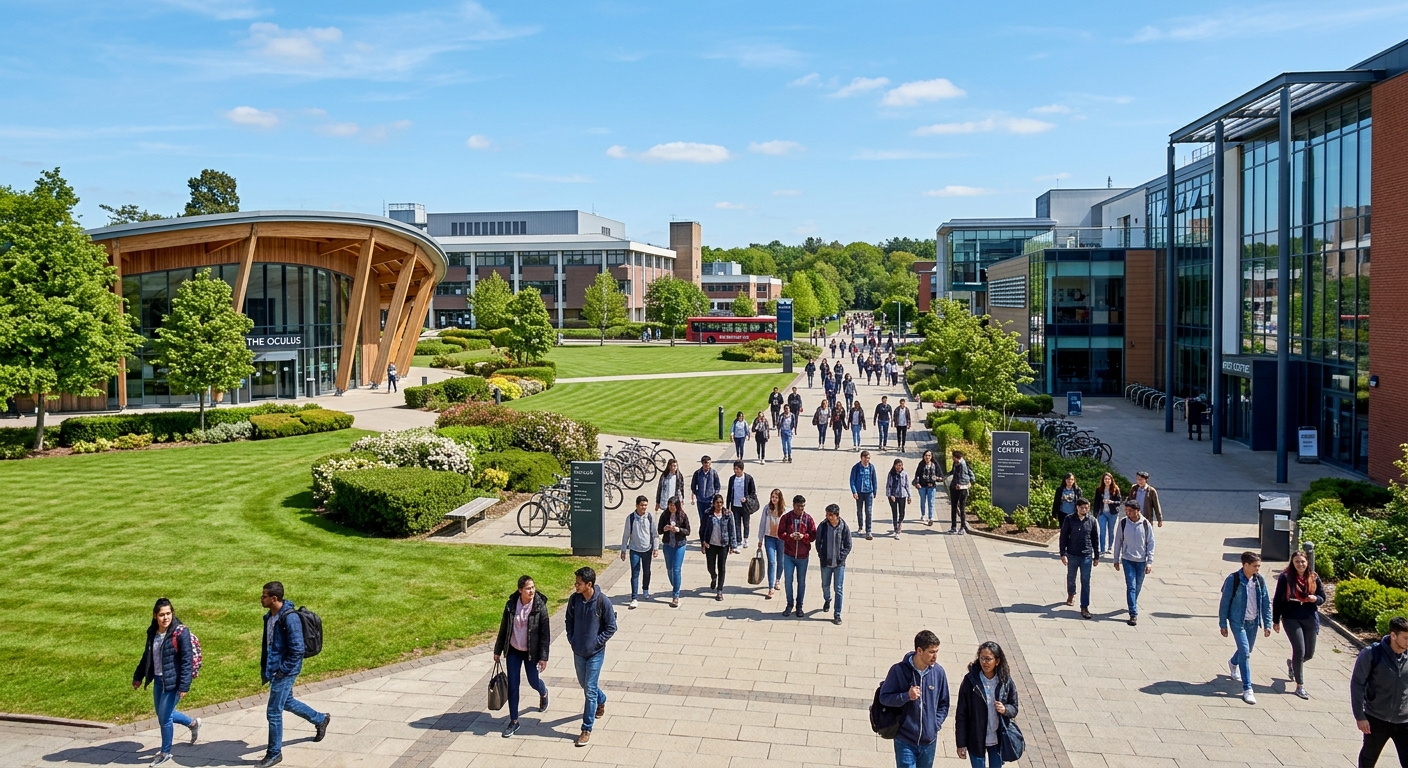 University of Warwick campus with modern architecture, green lawns, and students walking between buildings, Coventry England, sunny day with blue sky