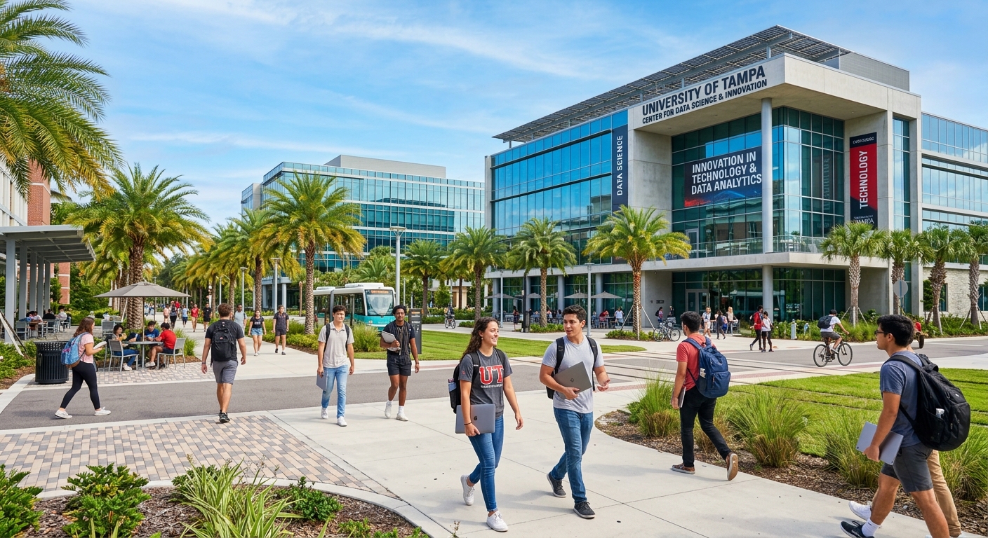 Modern university campus in Tampa Florida with palm trees, students walking between buildings carrying laptops, bright sunny day with clear blue sky, data science and technology theme