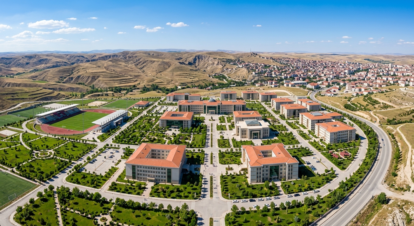 Yozgat Bozok University Erdogan Akdag Eastern Campus wide aerial view, modern university buildings set against the rolling hills of Central Anatolia, green campus grounds, clear blue sky over Yozgat Turkey