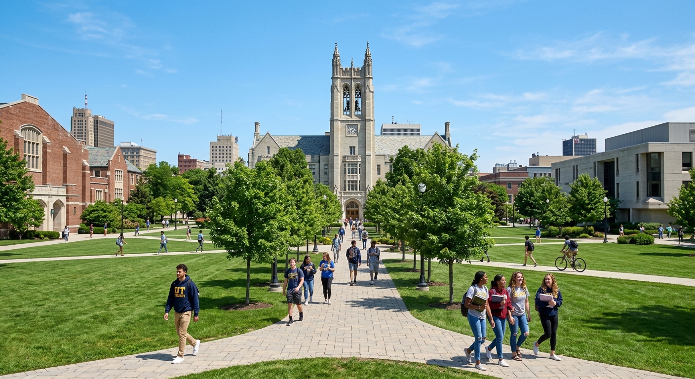 University of Toledo campus in Ohio with University Hall building, green lawns, students walking along tree-lined pathways, clear blue sky, urban setting with modern and historic architecture