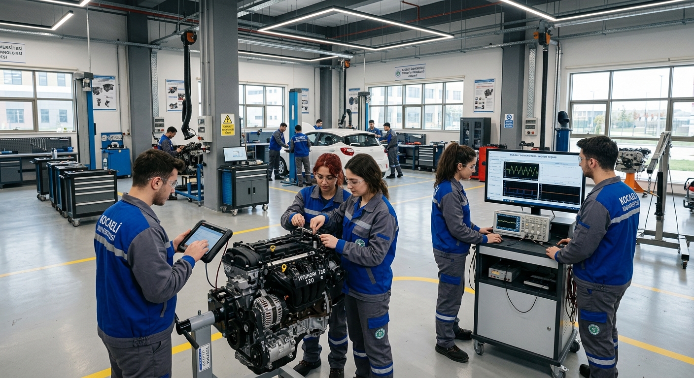 Modern automotive technology workshop with students working on car engines and diagnostic equipment, industrial organized zone campus setting in Kocaeli Turkey, bright workshop lighting