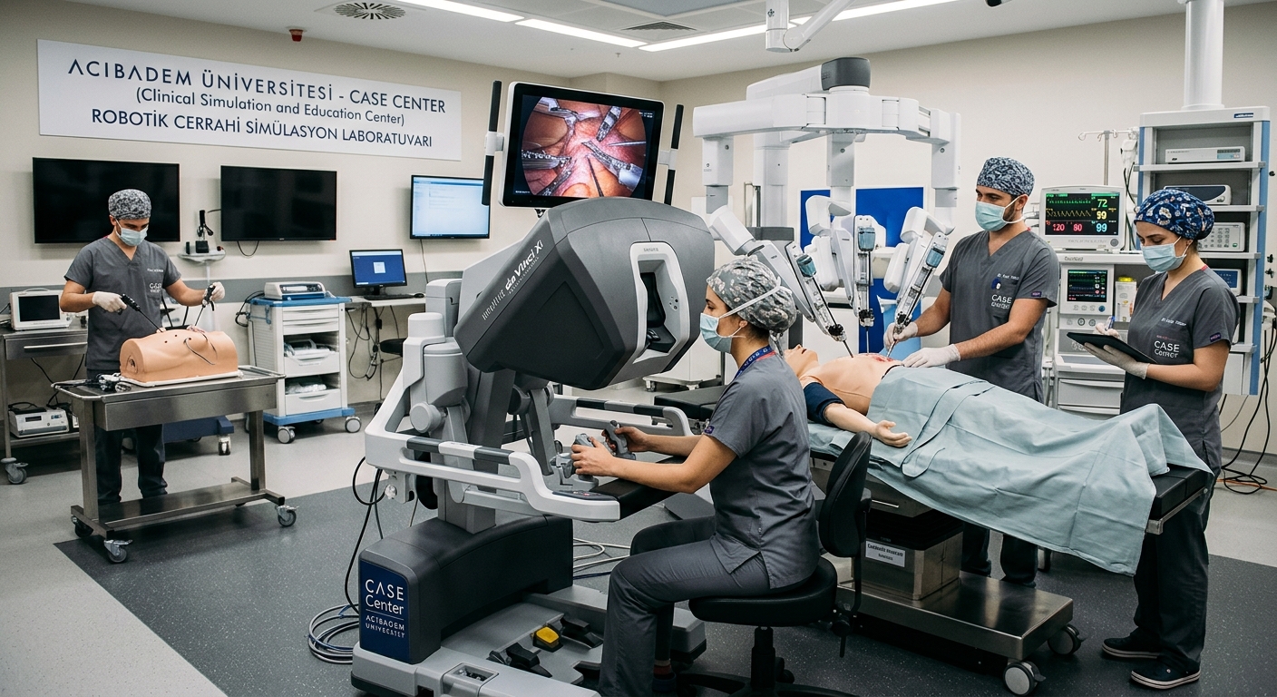 Advanced medical simulation laboratory with robotic surgery equipment and training mannequins at Acıbadem University CASE Center