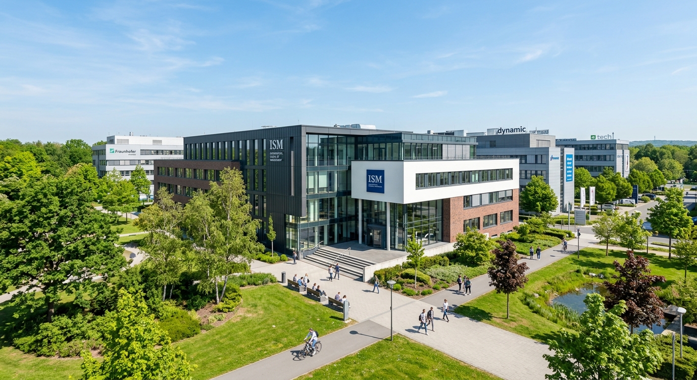 ISM International School of Management Dortmund campus wide shot, modern university building in the Technology Park area, green landscaping, contemporary German architecture, clear sky