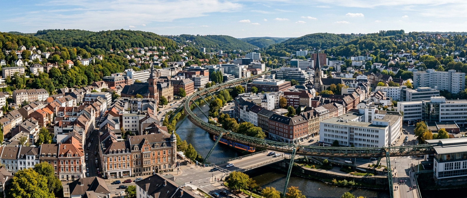 Panoramic view of Wuppertal city with the iconic Schwebebahn suspension railway over the Wupper River, green hills, 19th-century architecture, and modern buildings