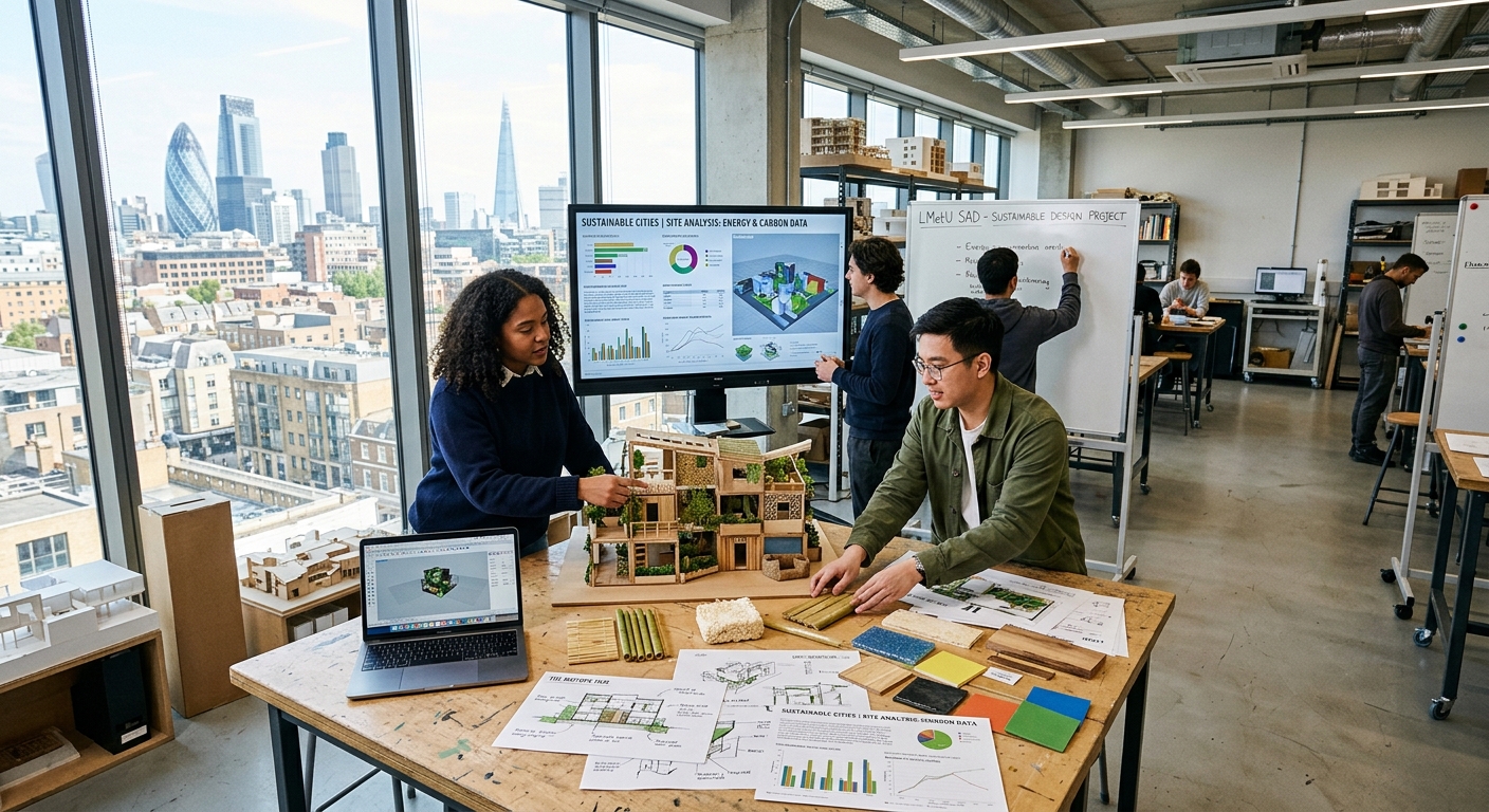 Modern design studio at London Metropolitan University School of Art Architecture and Design, students collaborating on sustainable design projects with green building models, material samples, and digital screens showing environmental data, bright creative workspace with large windows overlooking London cityscape