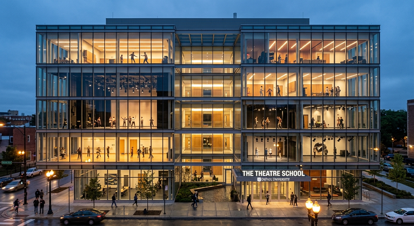 DePaul University Theatre School building, modern five-story glass and steel structure designed by Pelli Clarke Pelli, transparent walls showing interior rehearsal spaces, evening lighting