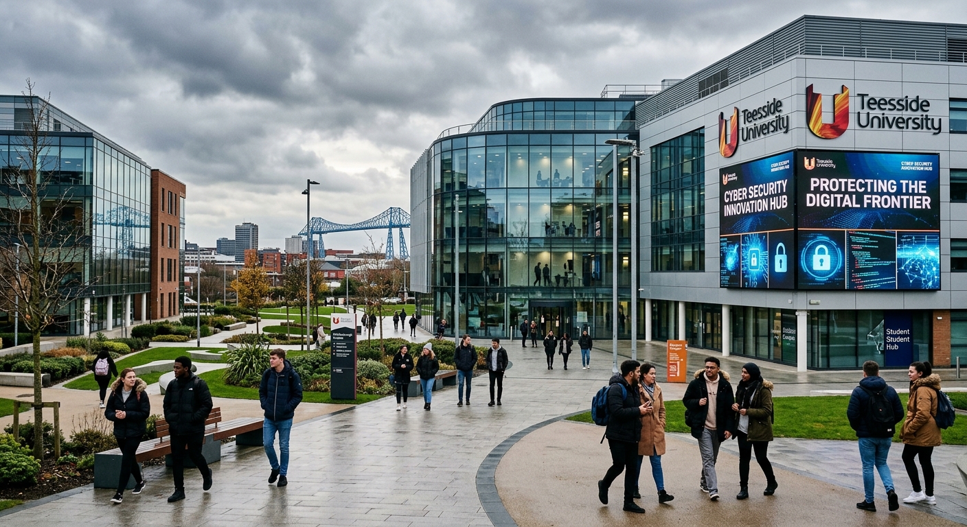 Modern Teesside University campus in Middlesbrough, United Kingdom, featuring contemporary academic buildings with glass facades, students walking across a landscaped plaza, digital screens displaying cyber security graphics, overcast British sky