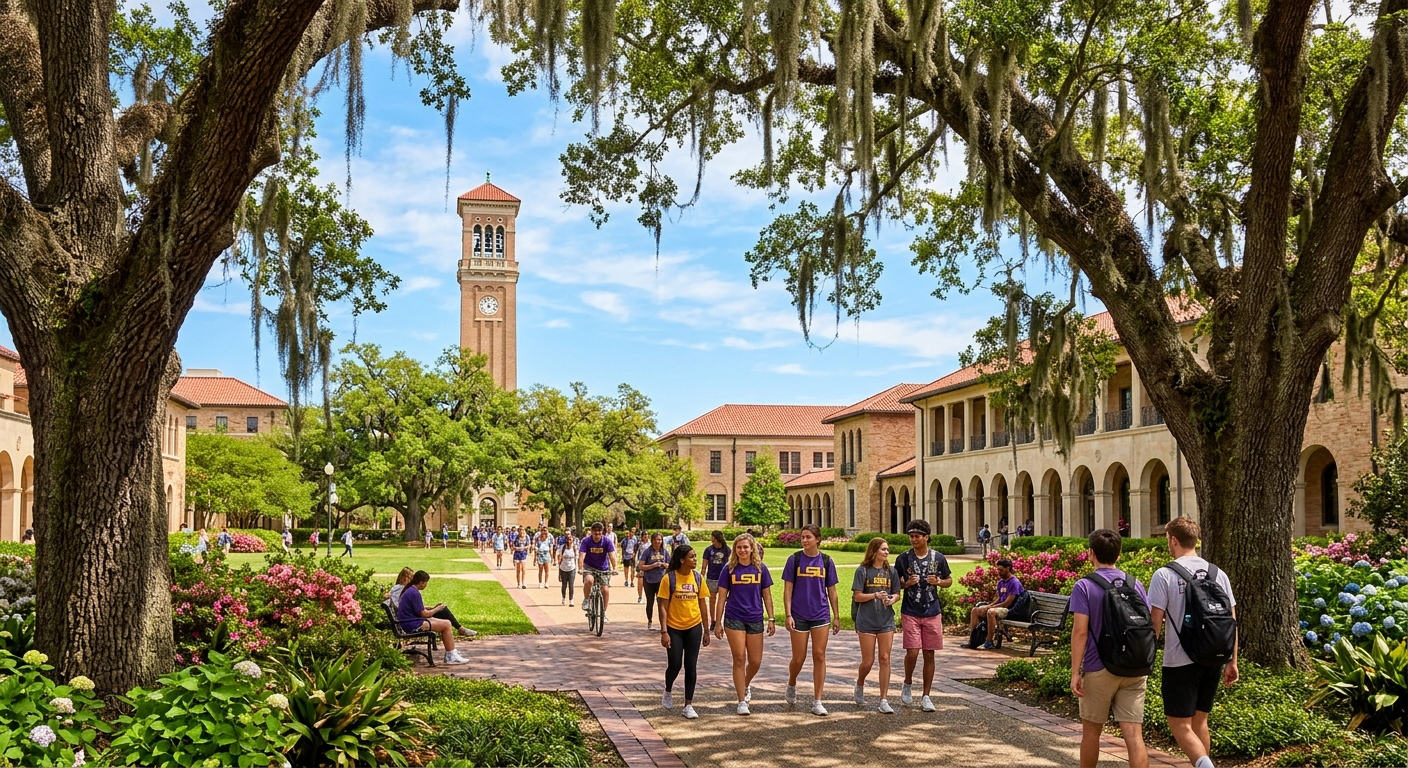 Louisiana State University campus in Baton Rouge with iconic Italian Renaissance-style buildings, live oak trees draped with Spanish moss, students walking along tree-lined pathways, Memorial Tower visible in background, warm sunny day