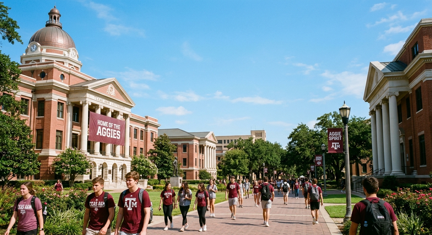Texas A&M University campus in College Station Texas, red brick academic buildings with white columns, students walking on tree-lined pathways, Aggie spirit visible with maroon banners, clear blue sky
