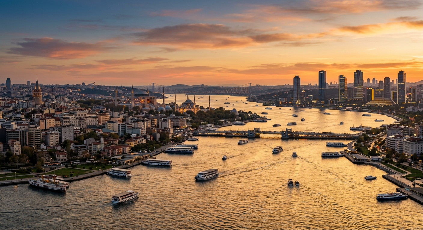 Istanbul panoramic skyline at sunset, Bosphorus strait with ferries, historic mosques and modern skyscrapers, golden light reflecting on water, Galata Tower visible