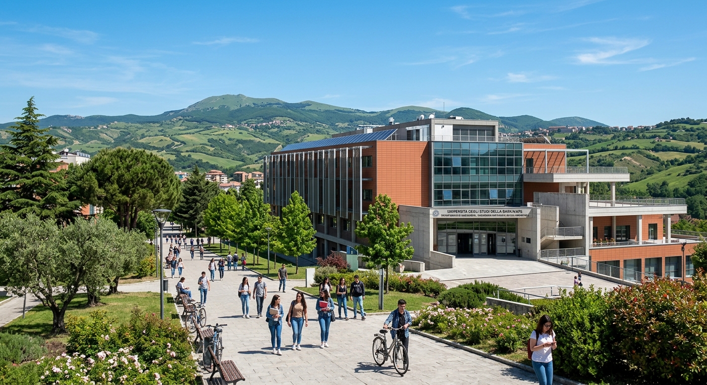 Modern engineering campus building at University of Basilicata in Potenza Italy, with green hills in the background, students walking along tree-lined paths, clear Mediterranean sky