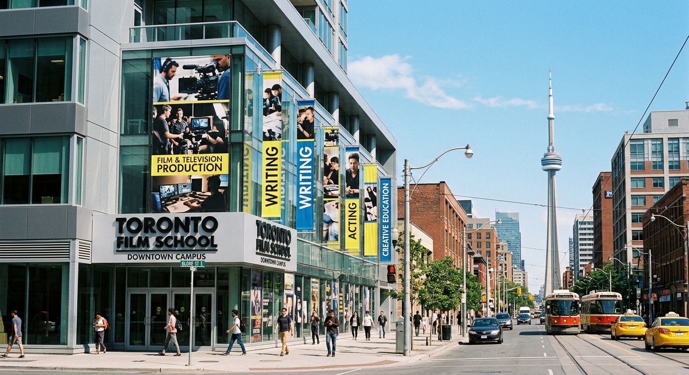Toronto Film School campus building on Bloor Street East in downtown Toronto, modern glass facade with film production banners, urban streetscape with CN Tower visible in the distance, daytime with clear blue sky