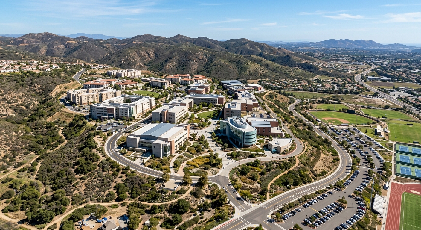 Aerial view of California State University San Marcos campus on a hillside in San Marcos California, modern academic buildings surrounded by native Southern California landscape, blue sky, rolling hills in background