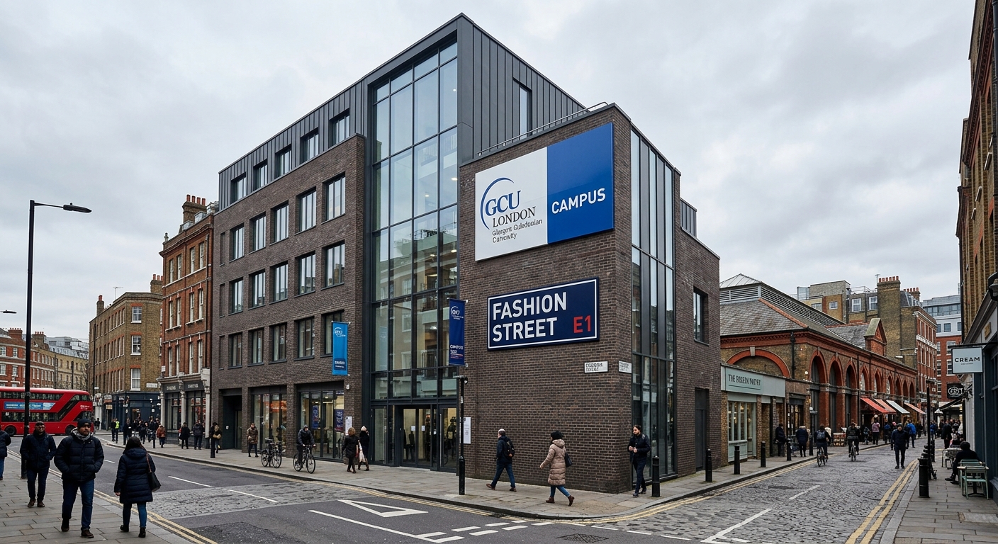 GCU London campus building exterior in Spitalfields, east London, modern glass and brick architecture, Fashion Street signage visible, urban setting with nearby historic market buildings, overcast London sky