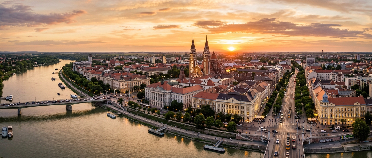 Panoramic view of Szeged city center along the Tisza River, Votive Church towers visible, Art Nouveau buildings, tree-lined boulevards, warm golden sunset, Hungarian Southern Great Plain