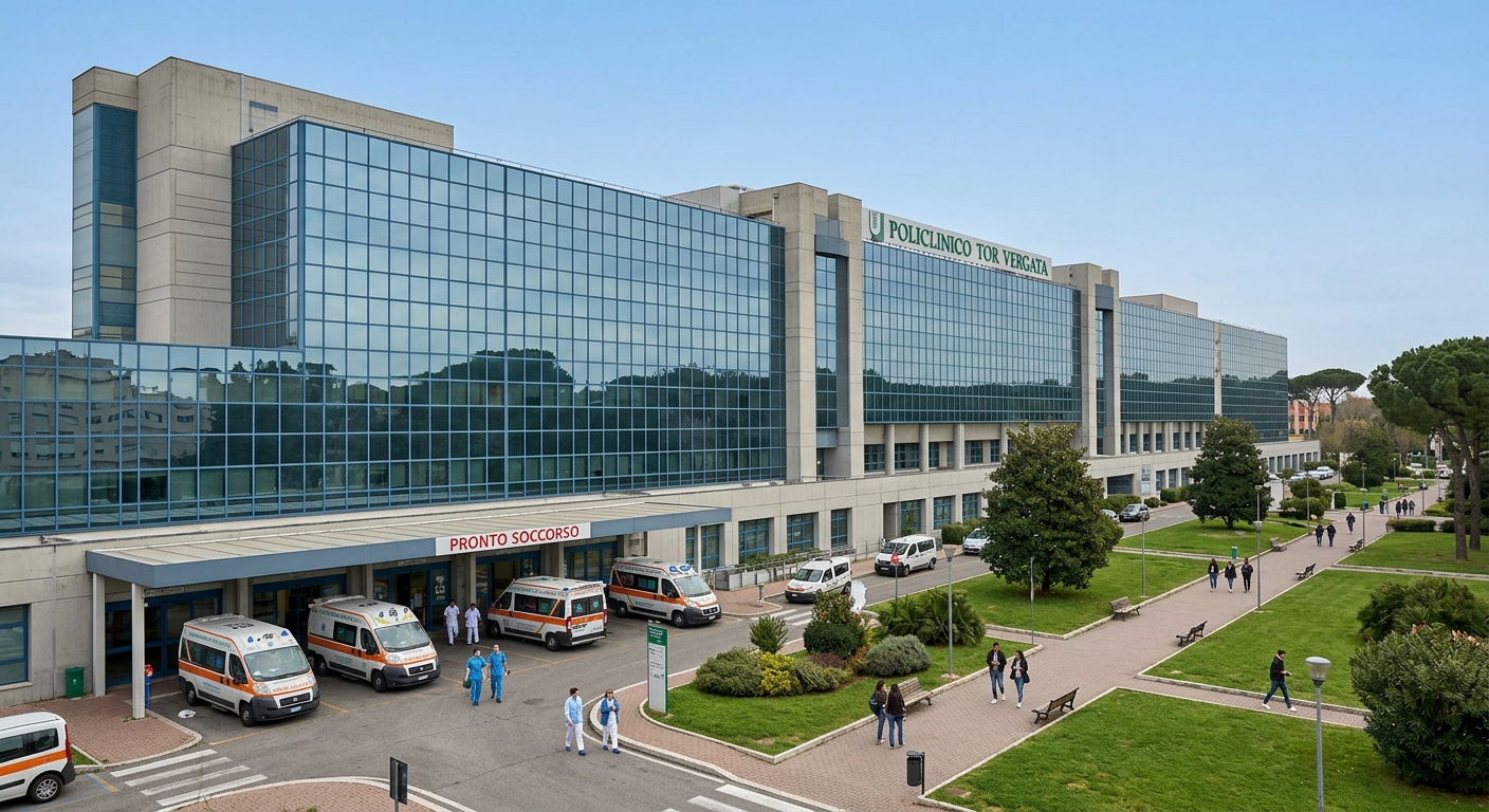Tor Vergata Polyclinic university hospital, large modern medical facility with glass facade and ambulance entrance, adjacent to campus green areas
