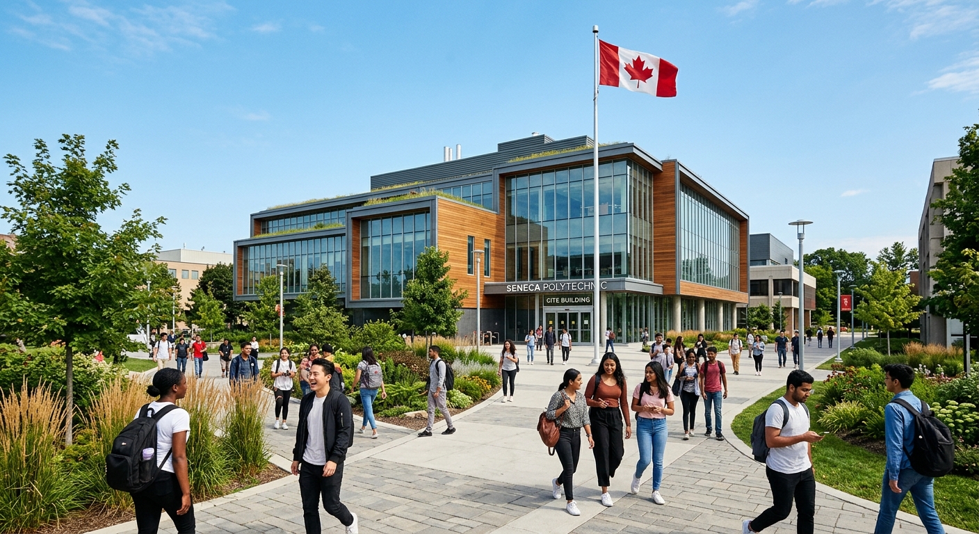 Seneca Polytechnic campus in Toronto, Canada, modern academic building with diverse students walking on pathways, green landscaping, Canadian flag visible, clear sky