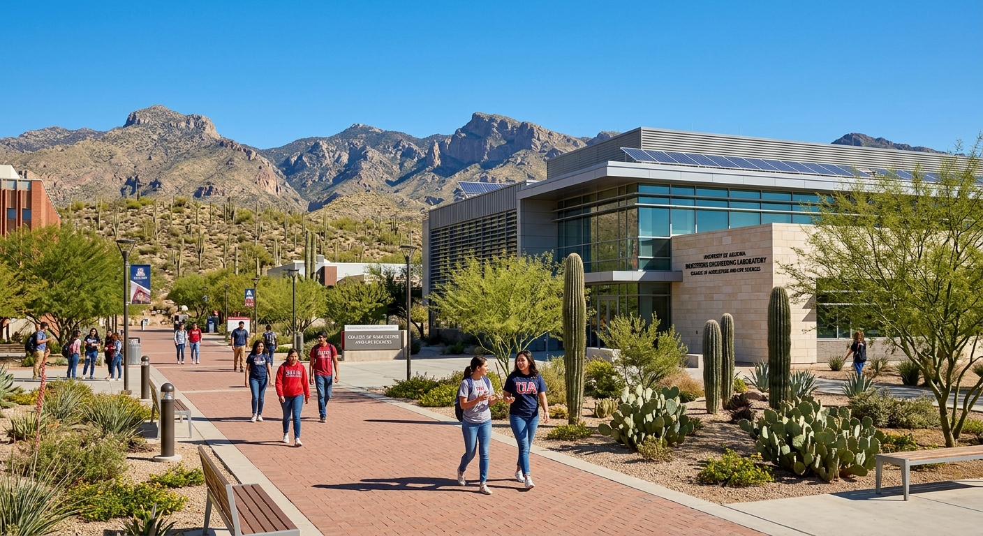 University of Arizona campus in Tucson with desert landscape, modern biosystems engineering laboratory building, students walking near the College of Agriculture and Life Sciences, clear blue sky with Sonoran Desert backdrop