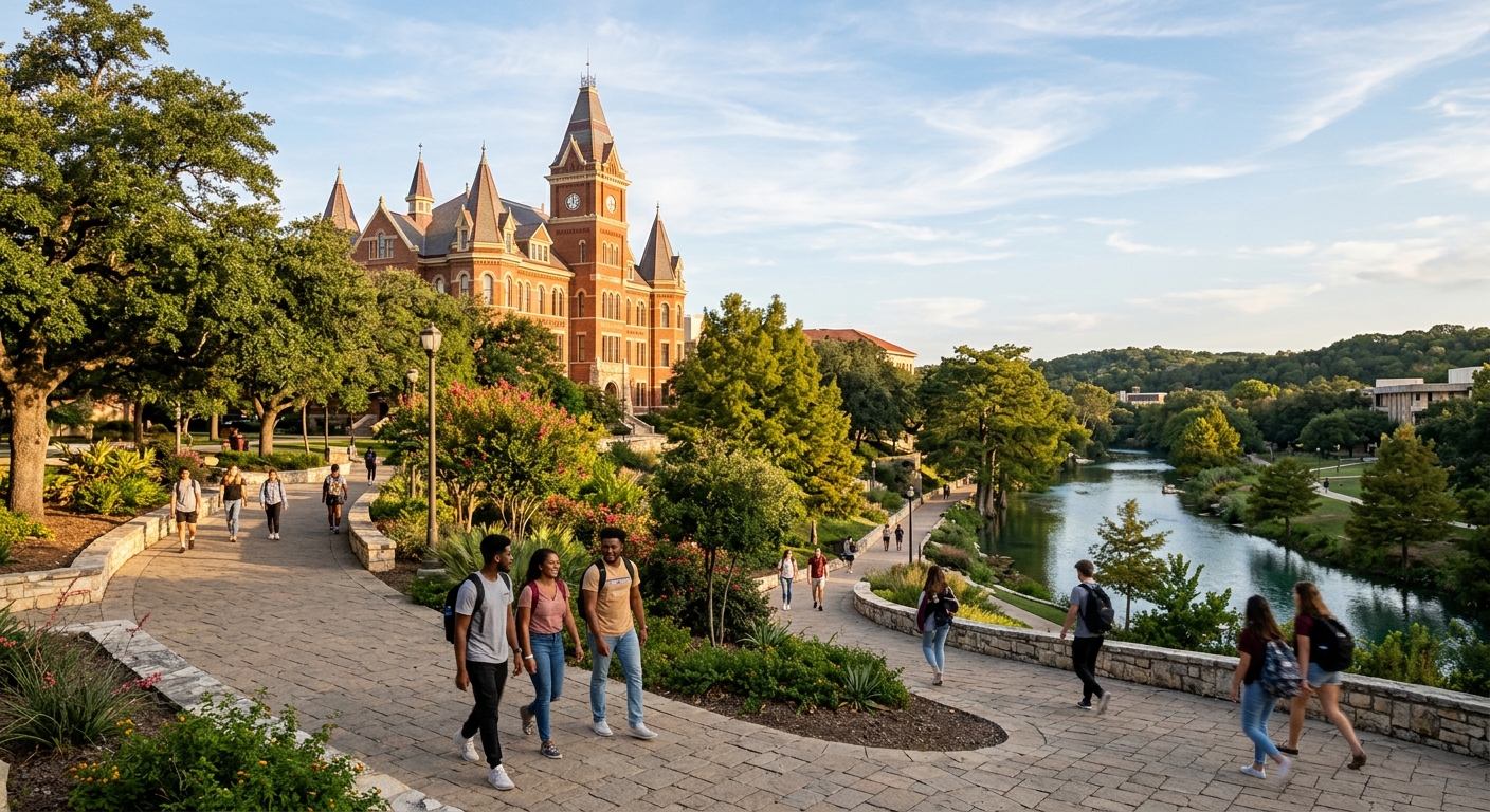 Historic Old Main building at Texas State University in San Marcos, Texas, with students walking on tree-lined campus paths, warm sunlight, and the San Marcos River visible in the background