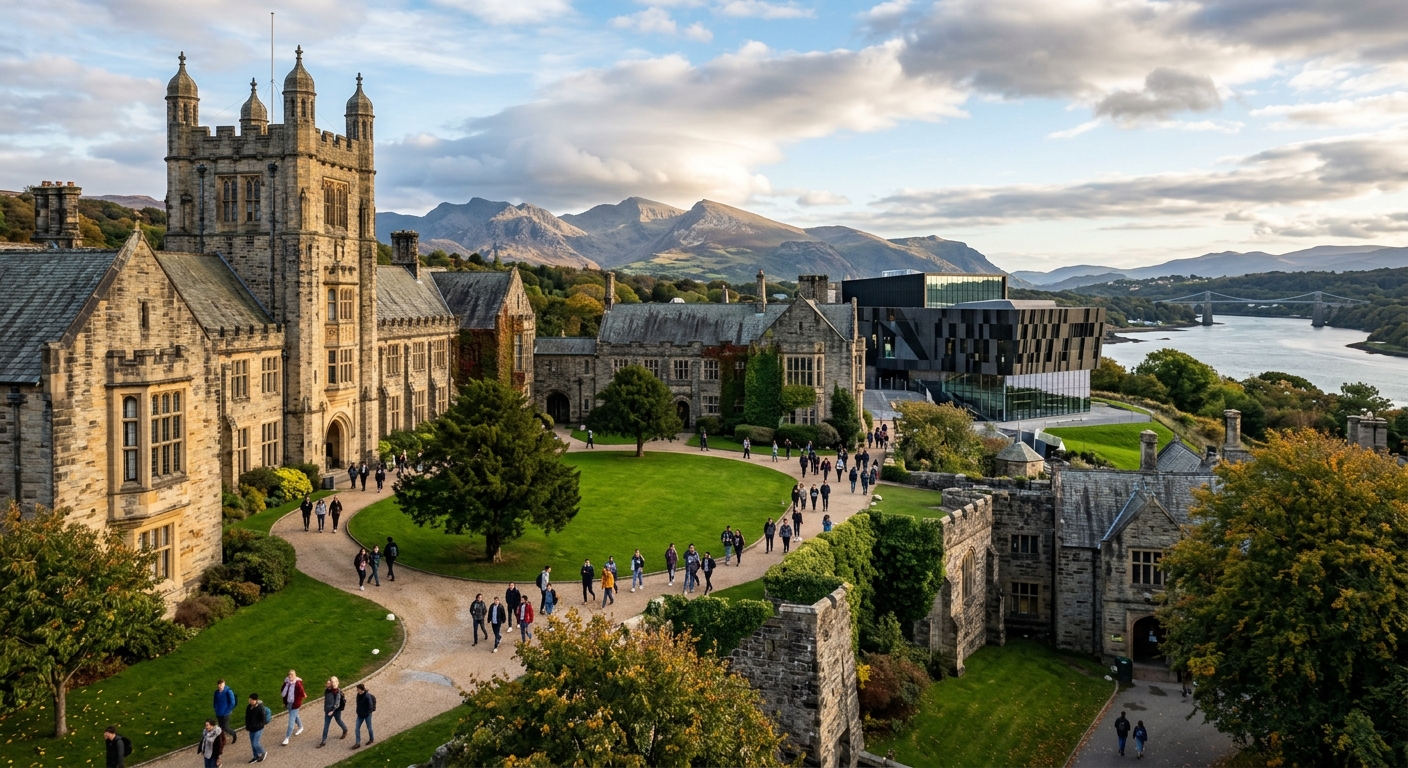 Historic Bangor University campus with stone buildings nestled between Snowdonia mountains and Menai Strait, students walking through green courtyard with Pontio Arts Centre visible in background, dramatic Welsh landscape under partly cloudy sky