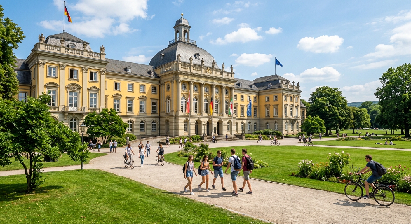 University of Bonn main building with neoclassical architecture, green courtyard, students walking on campus paths, Hofgarten park in background, sunny day in Bonn Germany