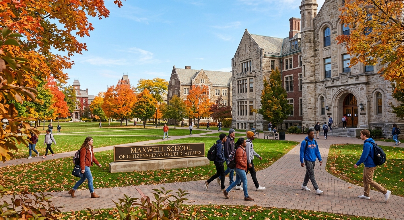 Syracuse University campus in autumn with orange and red foliage, students walking near the Maxwell School of Citizenship and Public Affairs, historic stone buildings and green quad visible under clear sky