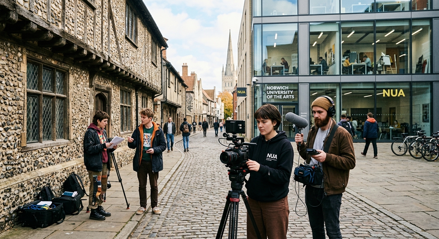 Norwich University of the Arts campus in the historic city centre of Norwich, showing creative students working with film equipment near medieval architecture, with modern studio buildings in the background