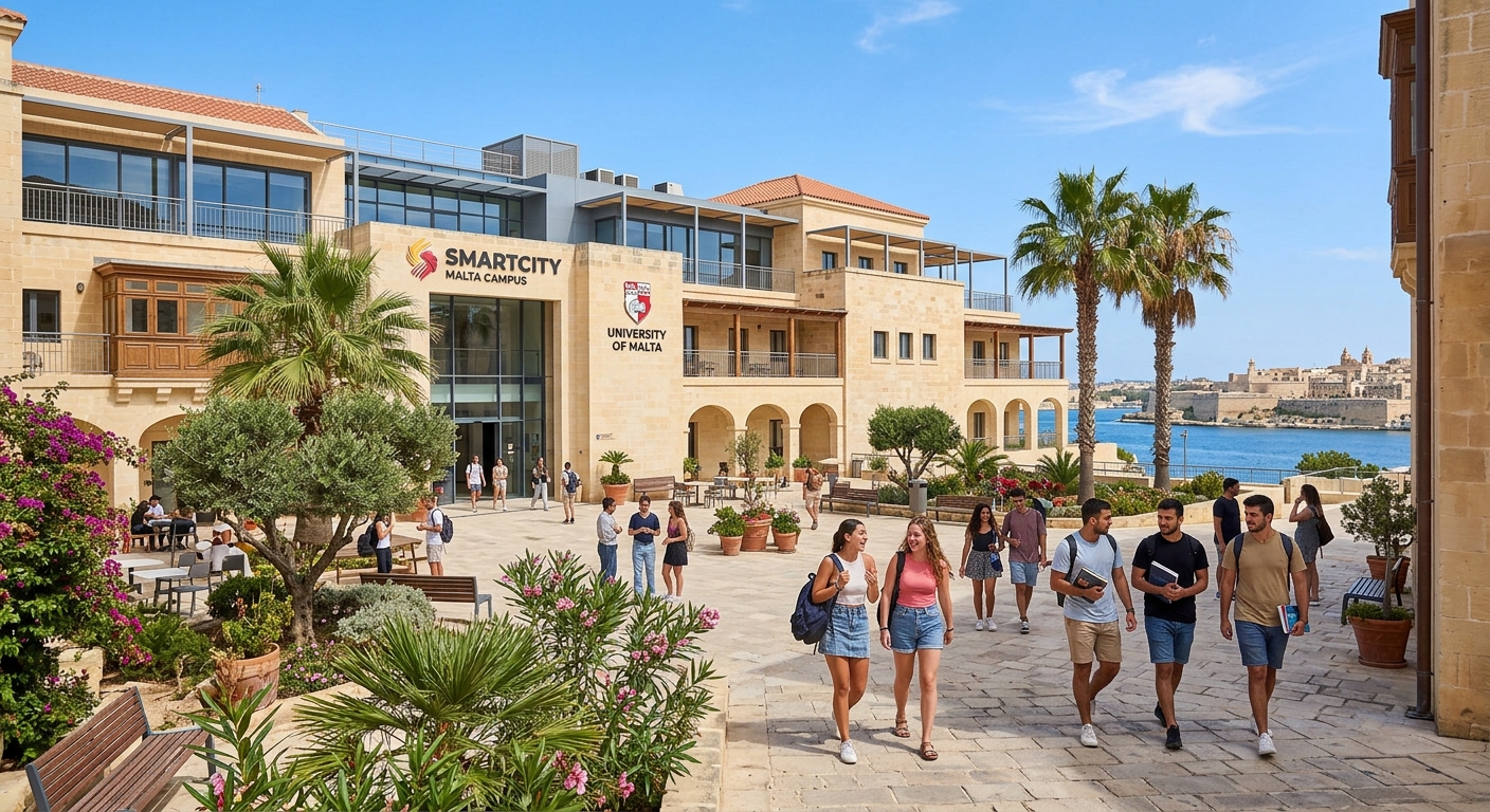 Modern SmartCity Malta campus building with Mediterranean architecture, international students walking through sunlit courtyard, palm trees and blue sky in Kalkara Malta