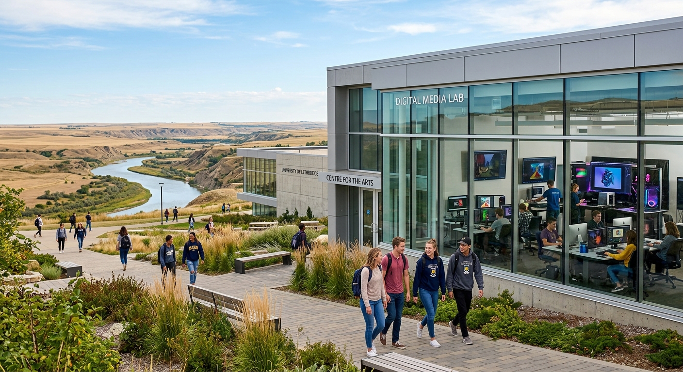 Modern university campus building at the University of Lethbridge overlooking the Oldman River valley in Alberta, Canada, with students walking near the Centre for the Arts, digital media lab visible through glass windows, sunny prairie landscape in the background