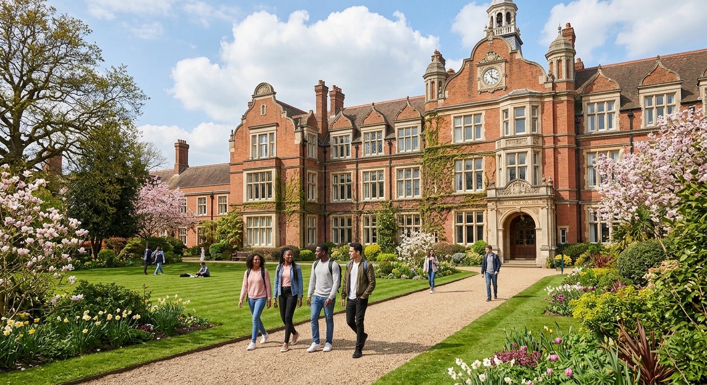 University of Roehampton Whitelands College building, Victorian architecture with red brick facade, manicured gardens in foreground, students walking along pathways, bright spring day