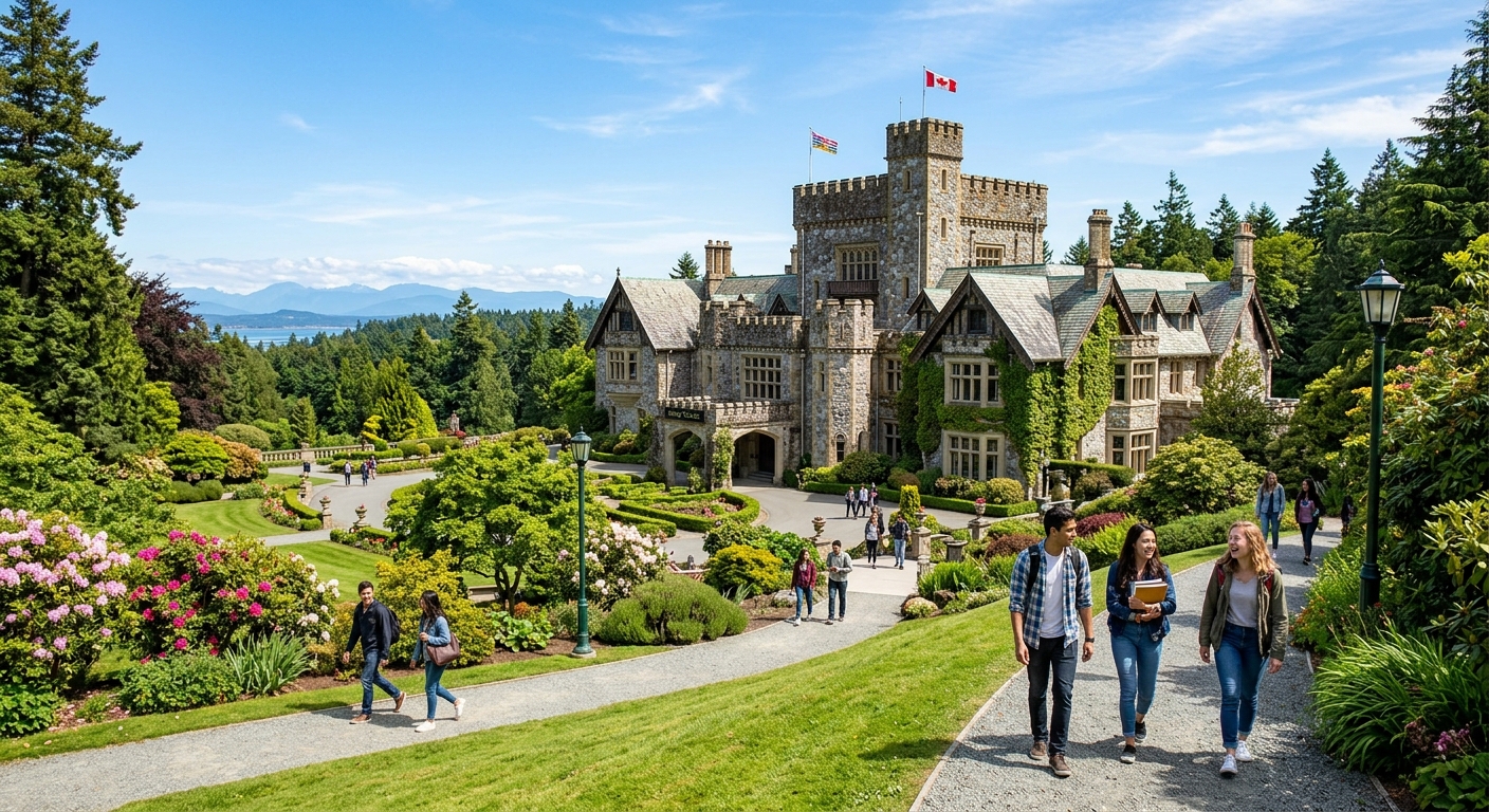 Historic Hatley Castle at Royal Roads University campus in Colwood British Columbia, lush green grounds with Pacific Northwest forest, students walking along pathways near the Scottish baronial style mansion under clear blue skies