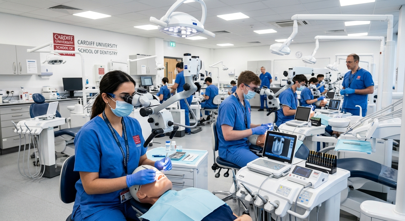 Modern dental clinical training facility at Cardiff University Dental Hospital, with specialist endodontic equipment, dental operating microscopes, and students in clinical attire practising root canal procedures under bright clinical lighting