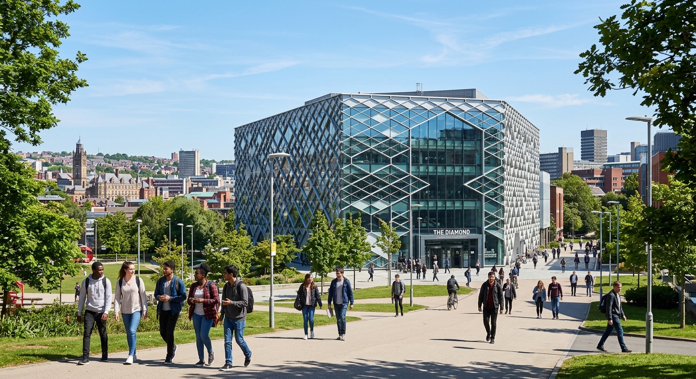 The Diamond engineering building at the University of Sheffield with modern glass facade, students walking on campus, green trees and Sheffield cityscape in the background under a clear sky