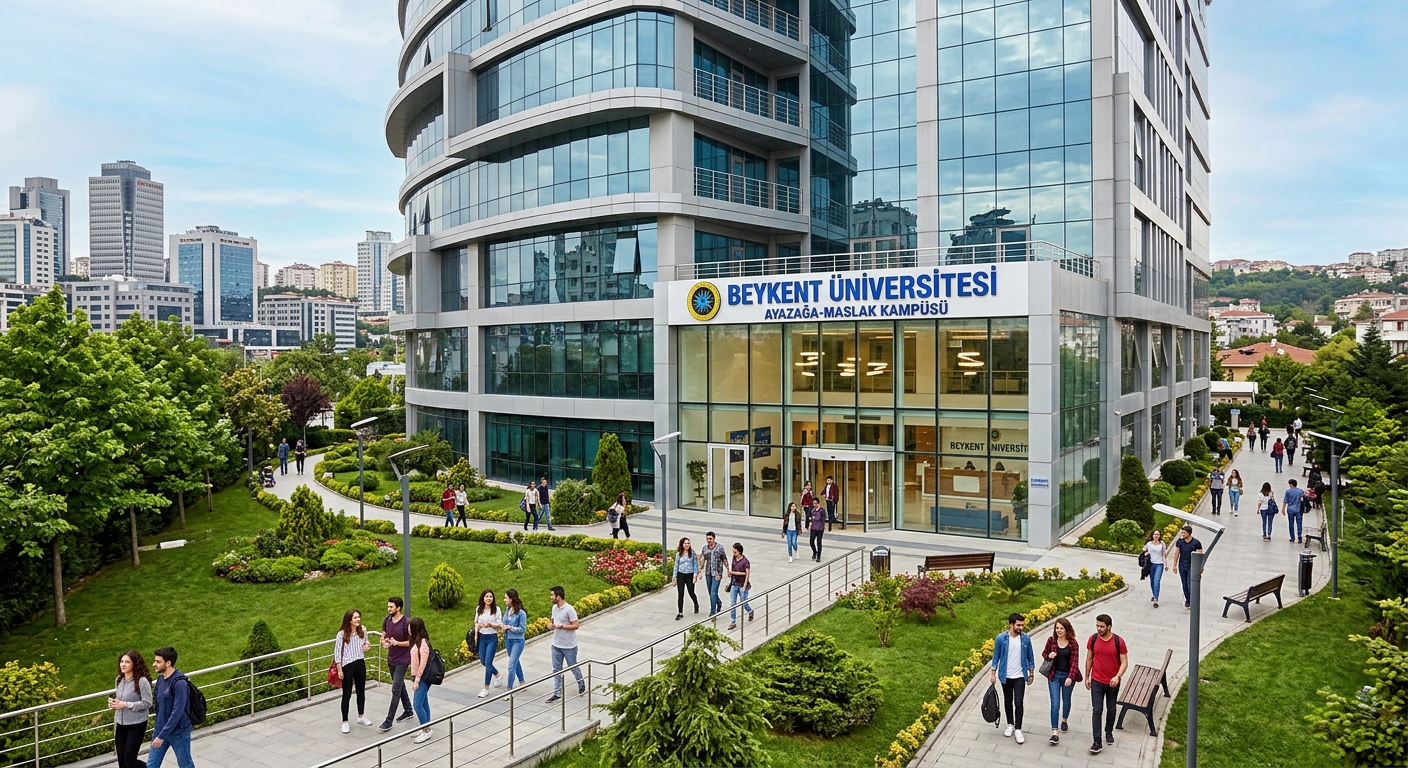 Beykent University Ayazaga-Maslak Campus main building, modern architecture with glass facade, green landscaping, students walking on pathways, Sariyer Istanbul