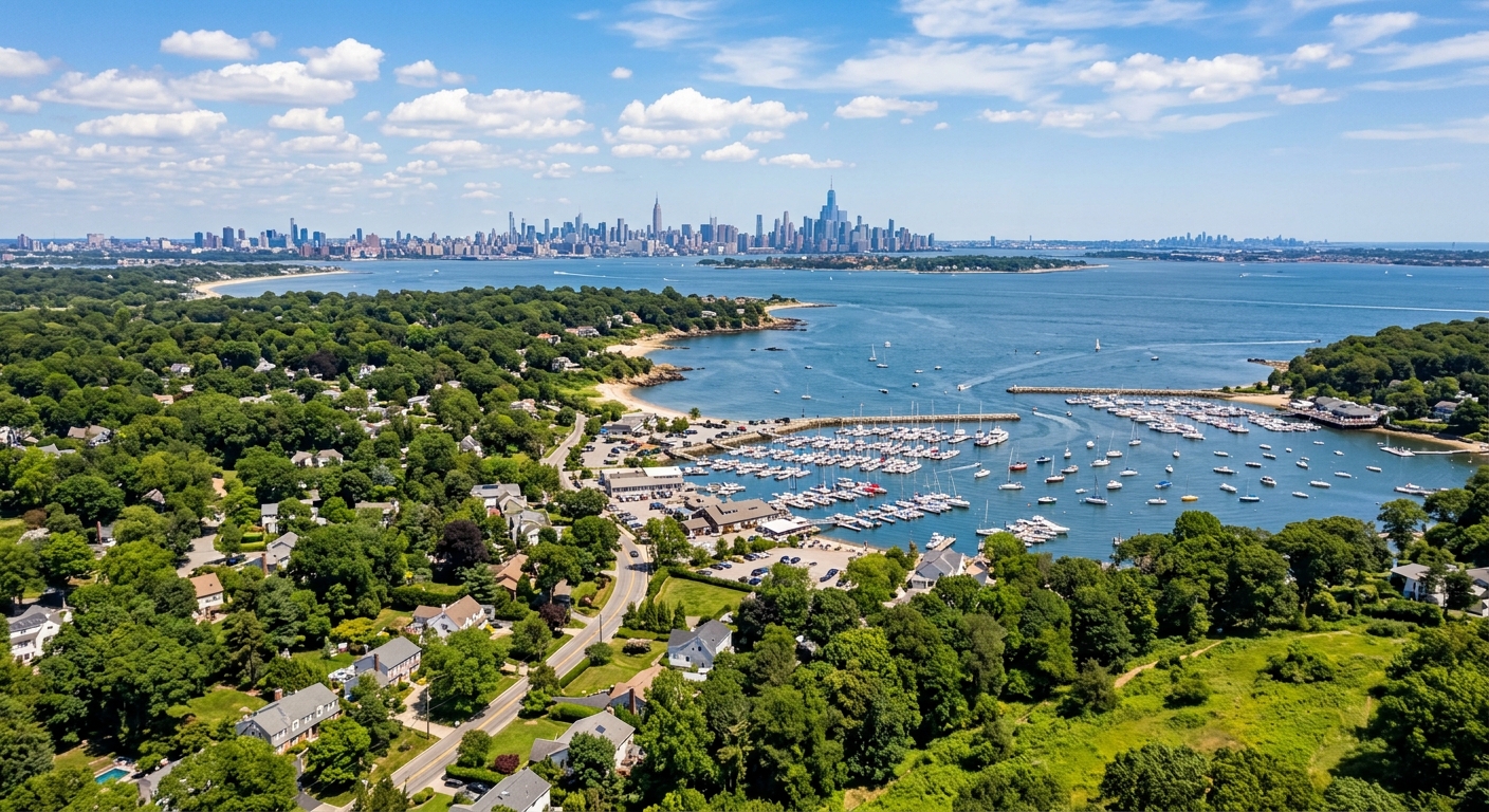 Long Island North Shore landscape showing coastal views, harbors with sailboats, green suburban neighborhoods, and distant New York City skyline on the horizon