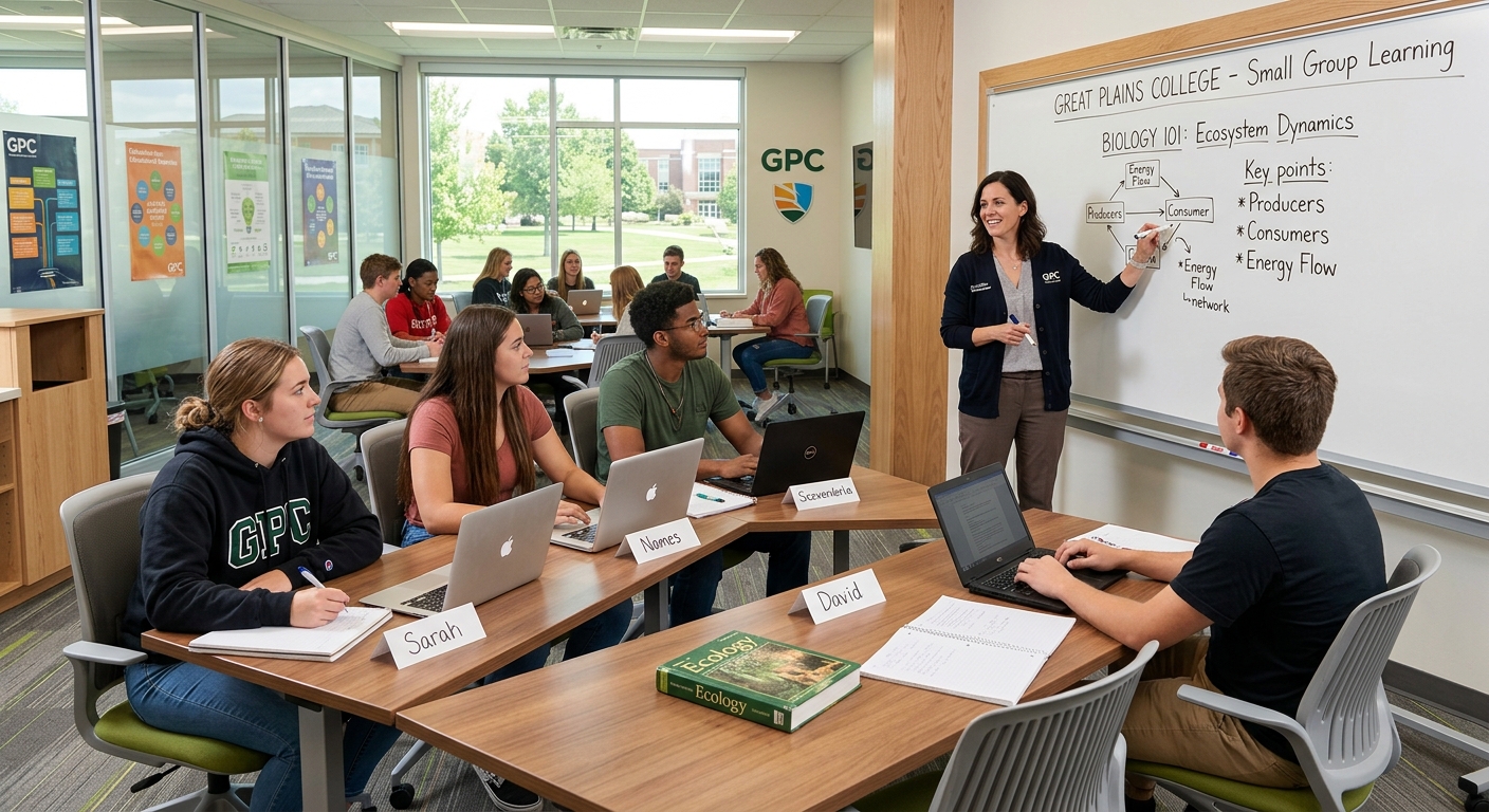 Great Plains College classroom with students at desks, instructor at whiteboard, modern educational setting with natural light, small group learning environment
