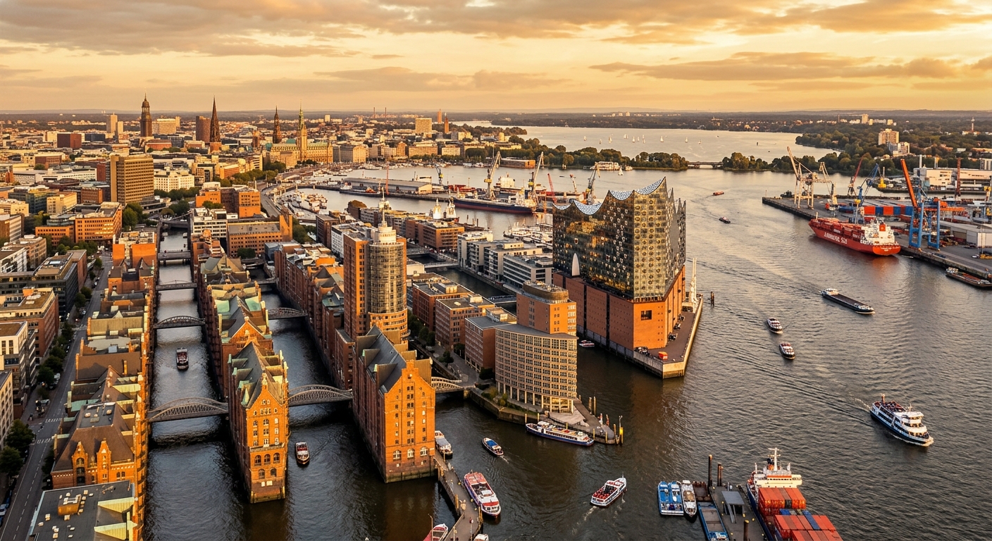 Hamburg city panorama showing the Elbphilharmonie concert hall on the waterfront, Speicherstadt warehouse district, Alster Lake in background, ships in the harbor, golden hour lighting