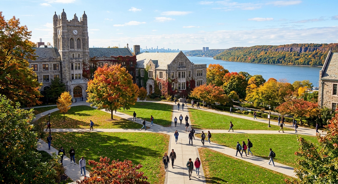 Manhattan University campus in Riverdale, Bronx, New York with historic stone buildings, green quadrangle, students walking between classes, Hudson River visible in the background, autumn foliage