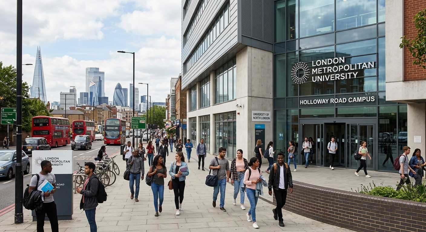 Modern London Metropolitan University campus building on Holloway Road with students walking outside, city of London skyline visible in background, professional academic atmosphere with diverse international students