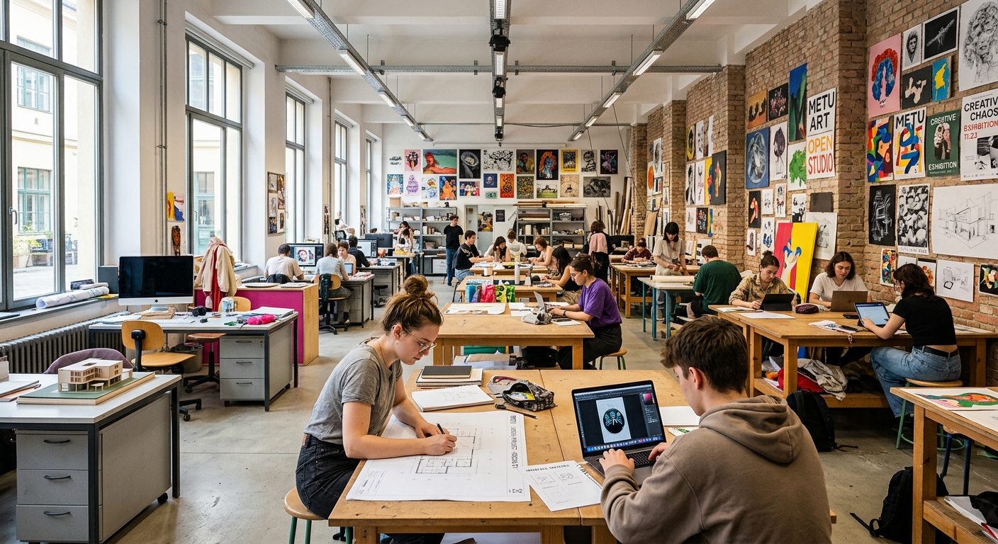 METU Rózsa Street art campus interior, creative studio spaces with students working on design projects, natural light, open plan layout, colorful artworks on walls